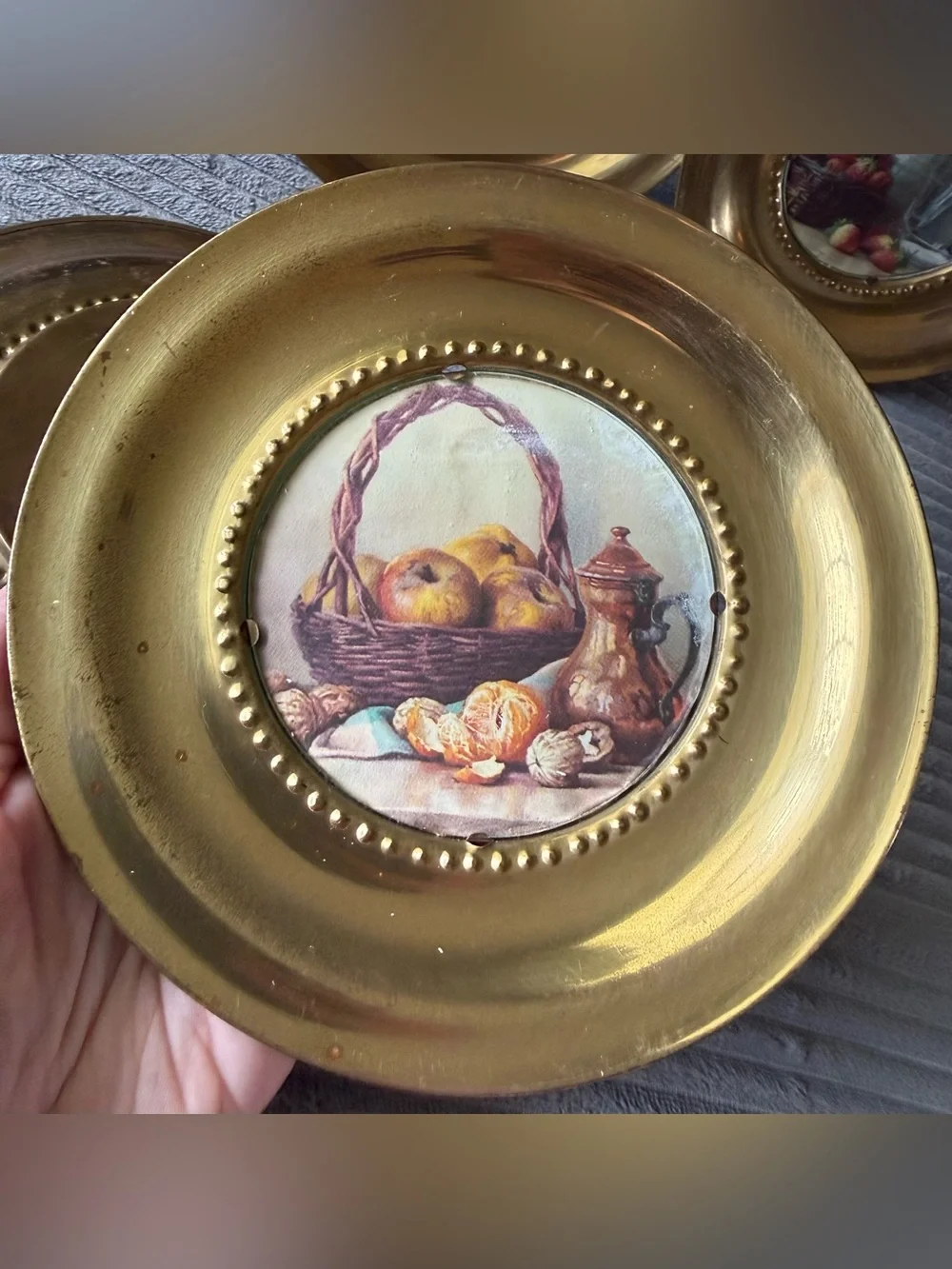 4 VTG Decorative Fruit Basket Wall Plates Mini Still Print Metal Frame England